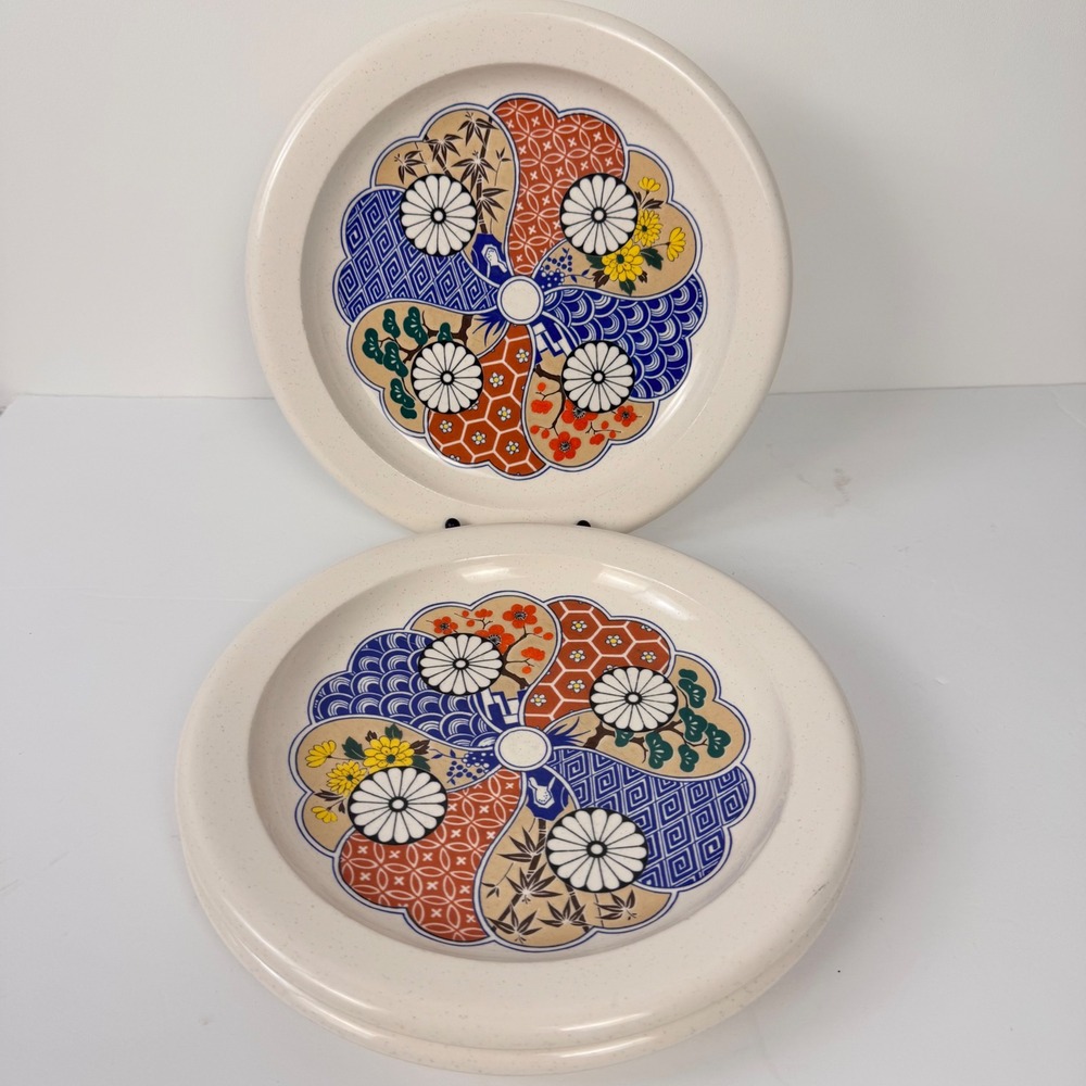 3 Vintage Mikasa Dinner Plates 10.5" Cream Oriental Charm Floral Stoneware Japan